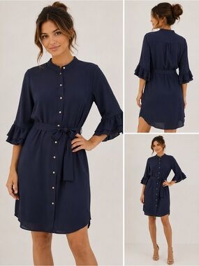 Banana Republic Petite Navy Ruffle Sleeve Belted Shirt Dress Size 8P